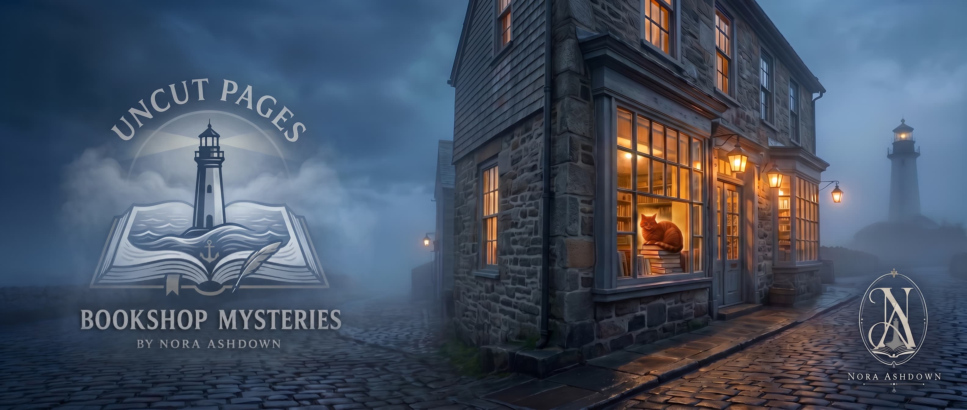 A lamp-lit bookshop on a foggy evening in Saltmarsh Harbor — Uncut Pages, The Uncut Pages Bookshop Mysteries banner