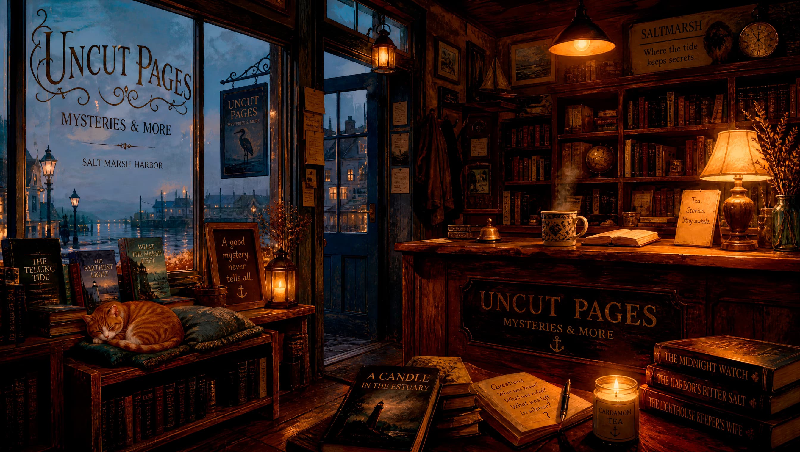 The interior of the Saltmarsh Harbor bookshop at dusk